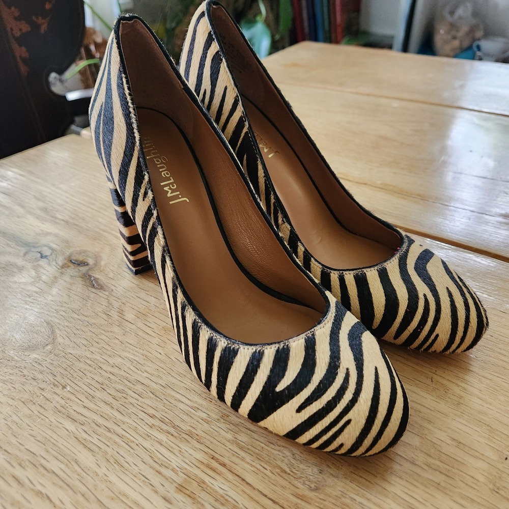 J. McLaughlin Mila Zebra Print Calf Hair Leather Block Heel Pumps Size 6.5M